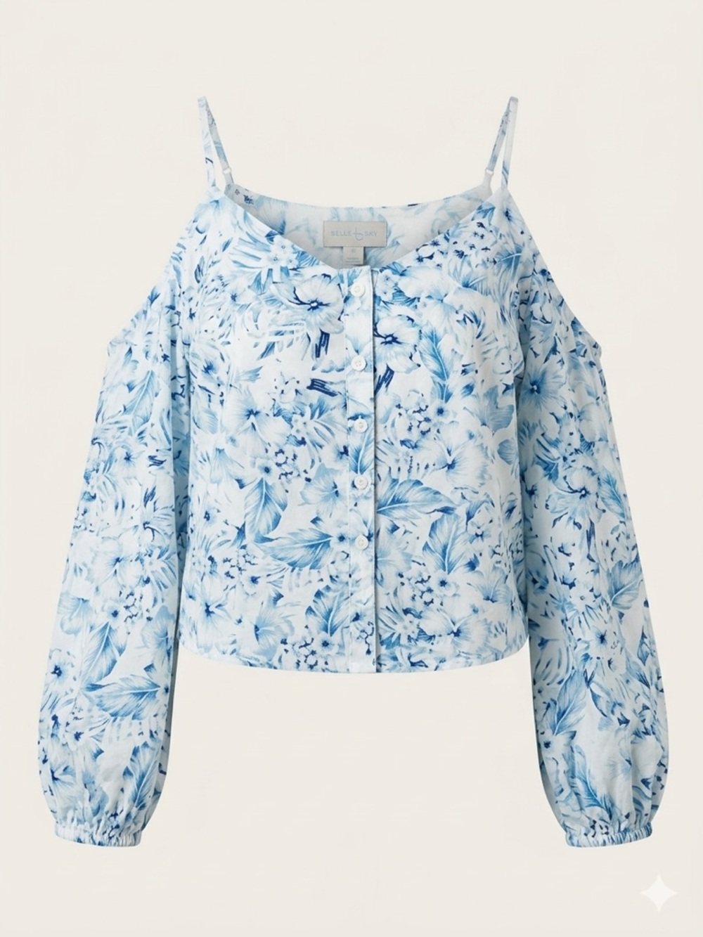 Belle & Sky Blue & White Floral Button-Down Crop Top size M | floral blouse